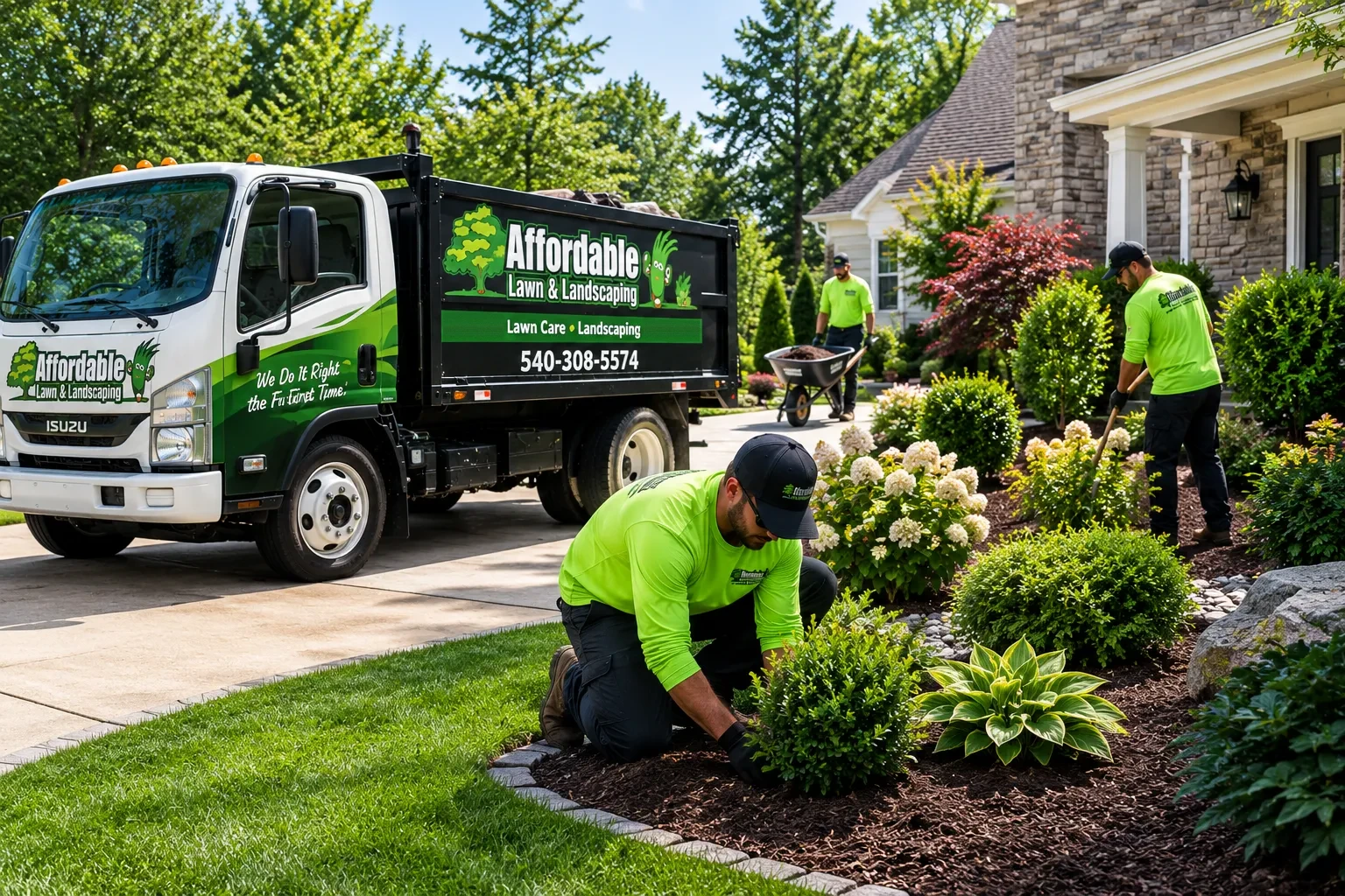 Affordable Lawn & Landscaping crew planting shrubs and spreading mulch beside the company truck